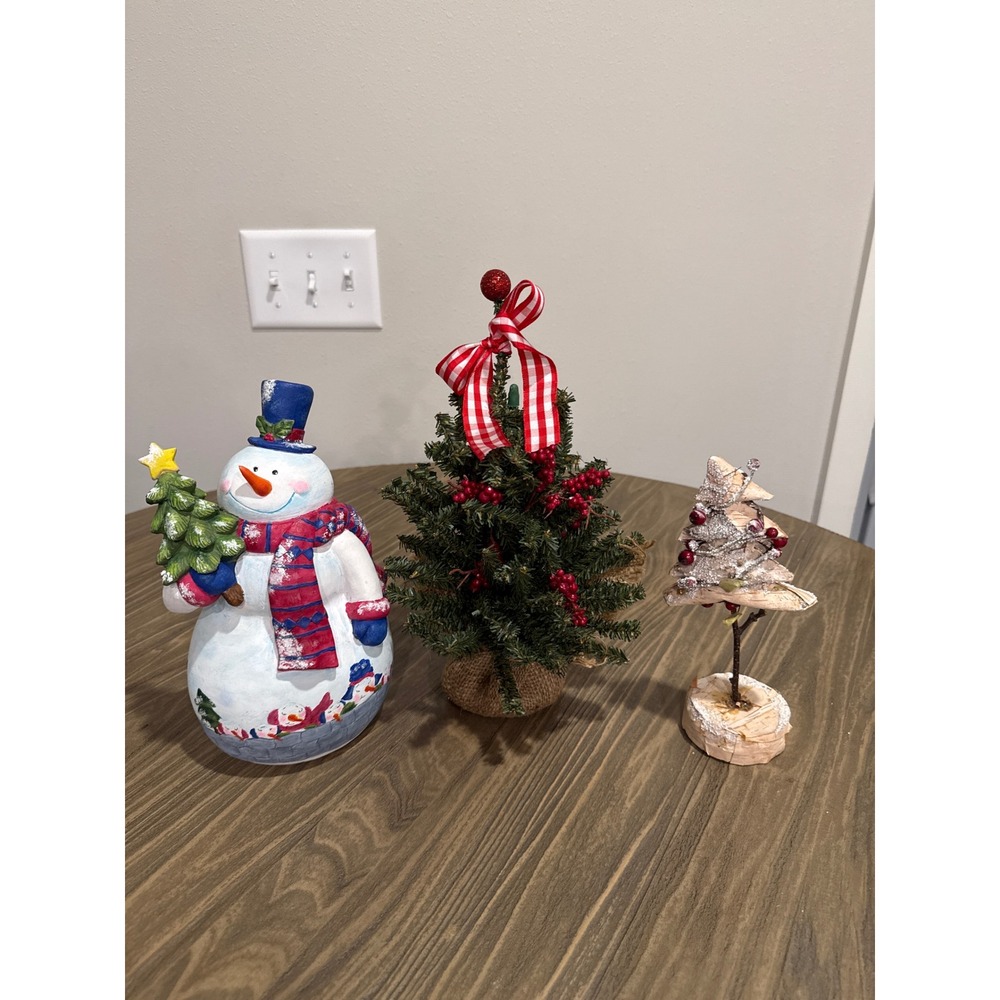 Christmas Snowman & Mini Tabletop Trees Decor 3pc Lot Holiday Time White & Green